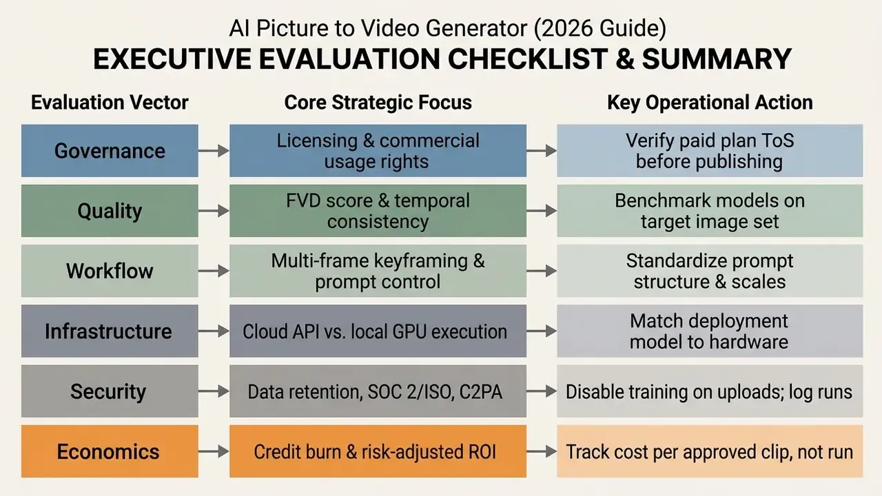 Table outlining evaluation vectors, strategic focus areas, and operational actions for AI video generation