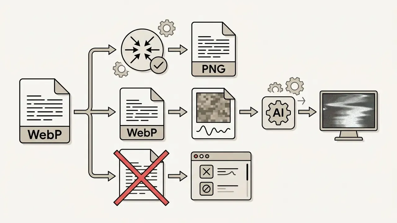 Workflow showing WebP file conversion to PNG to avoid artifacts and errors during AI video generation