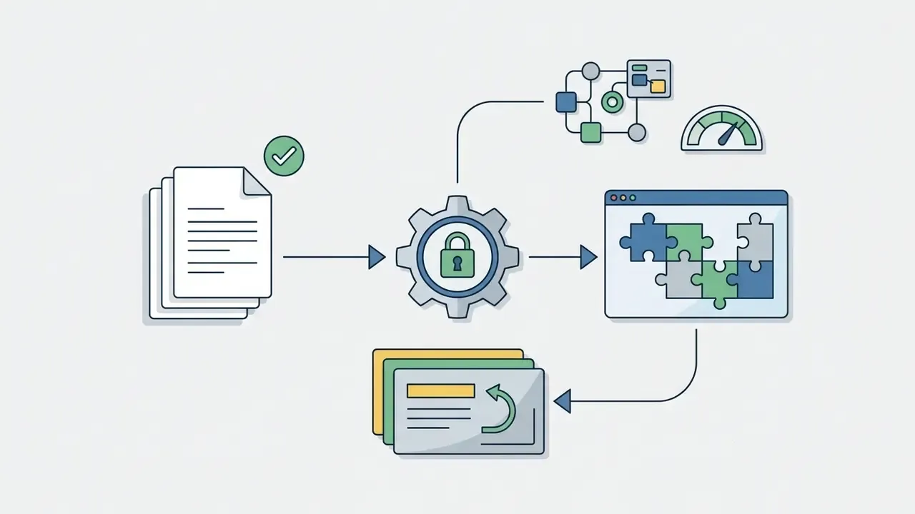 Documents feeding into a locked gear process that outputs puzzle-like interface designs and slide decks