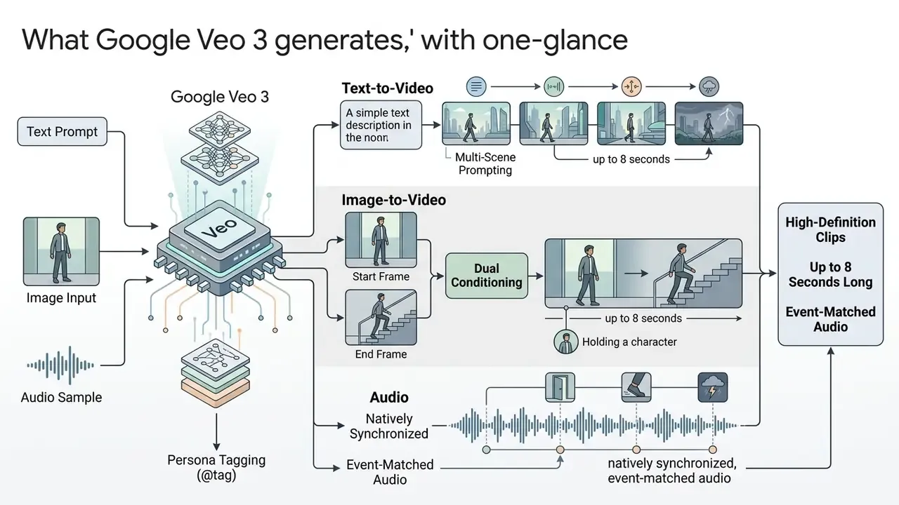 Diagram showing how Google Veo 3 processes text, images, and audio to create synchronized video clips