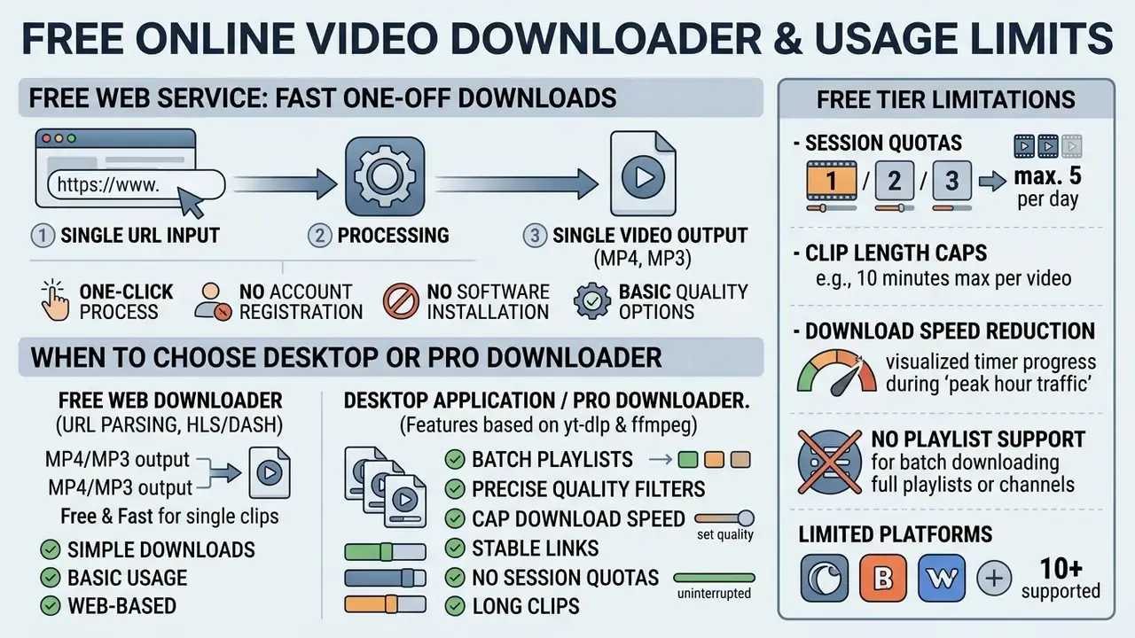 Comparison infographic detailing the operational steps and usage restrictions of a free online video downloader