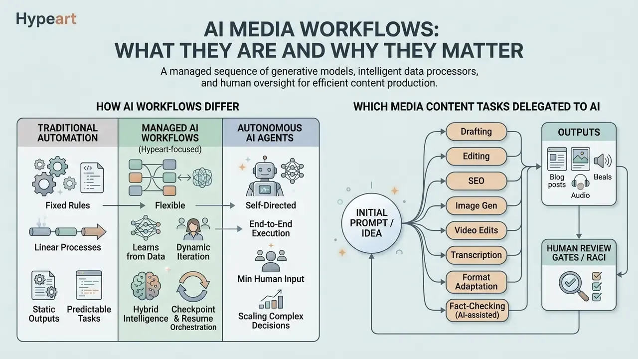 Infographic comparing automation types and showing how AI media workflows delegate tasks to generate content