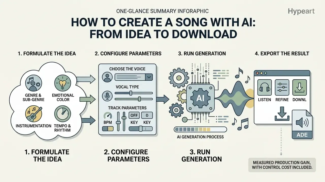 Four sequential steps for digital music production starting with conceptualization and ending in export