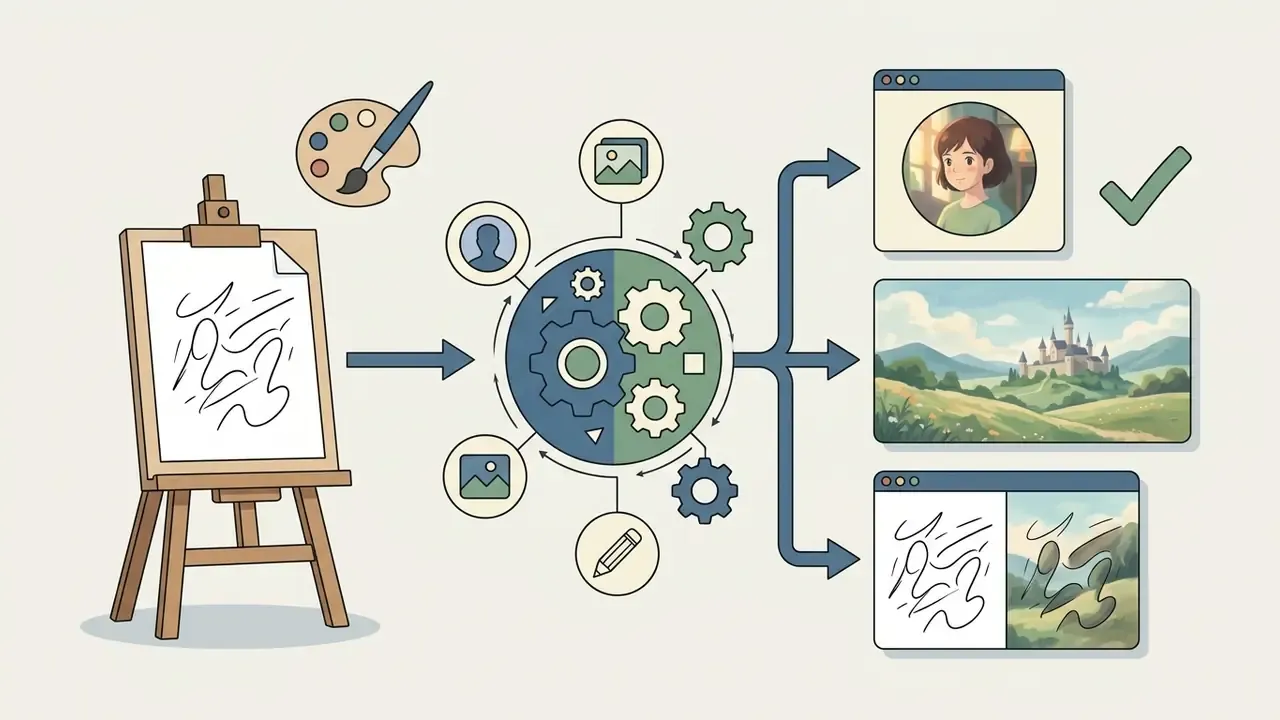 Artistic sketch on an easel being processed by a gear-driven AI system into Ghibli-style colorized images