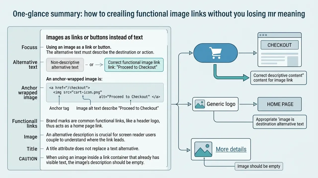 Infographic showing how to write descriptive alt text for images used as functional links or buttons