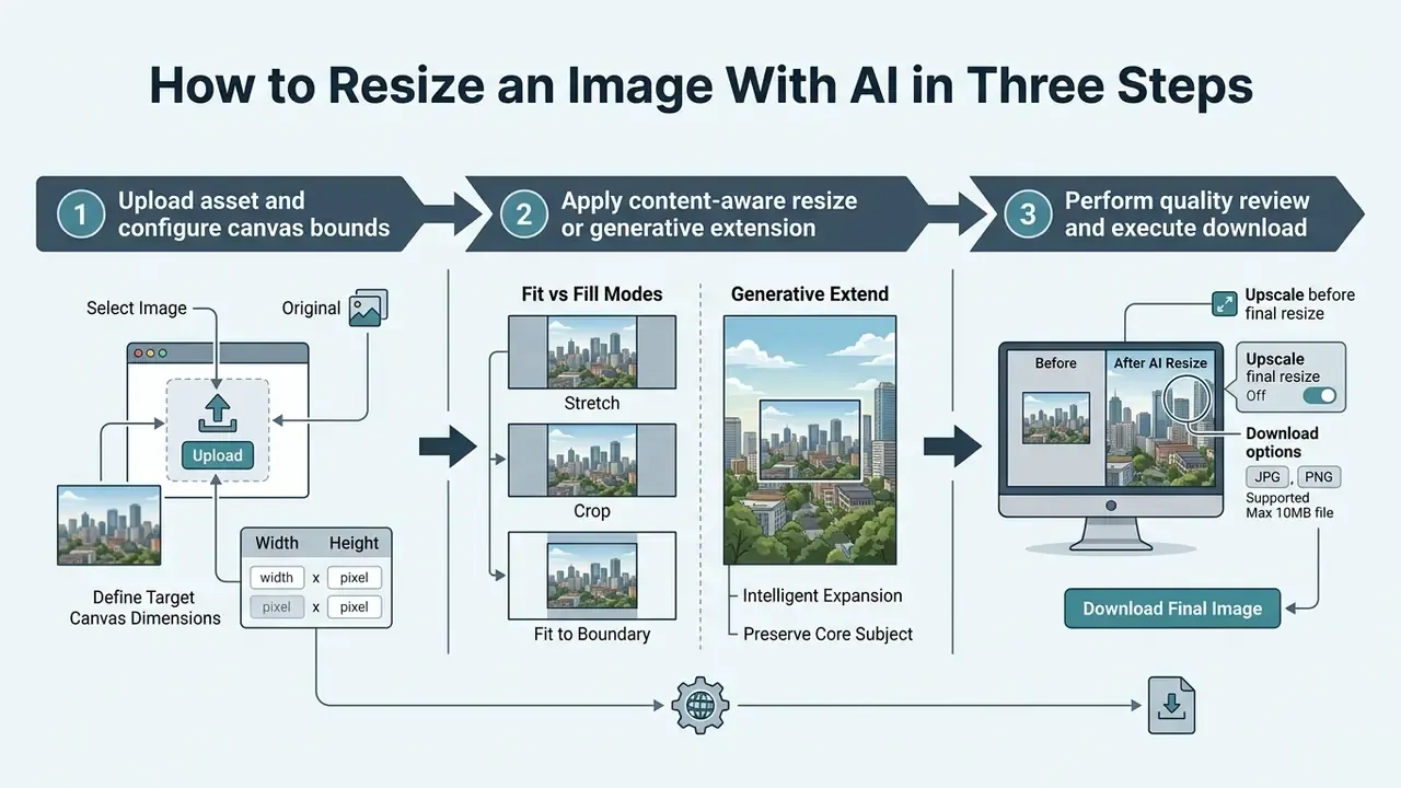 Horizontal diagram detailing the three-step workflow for using an AI image resizer tool