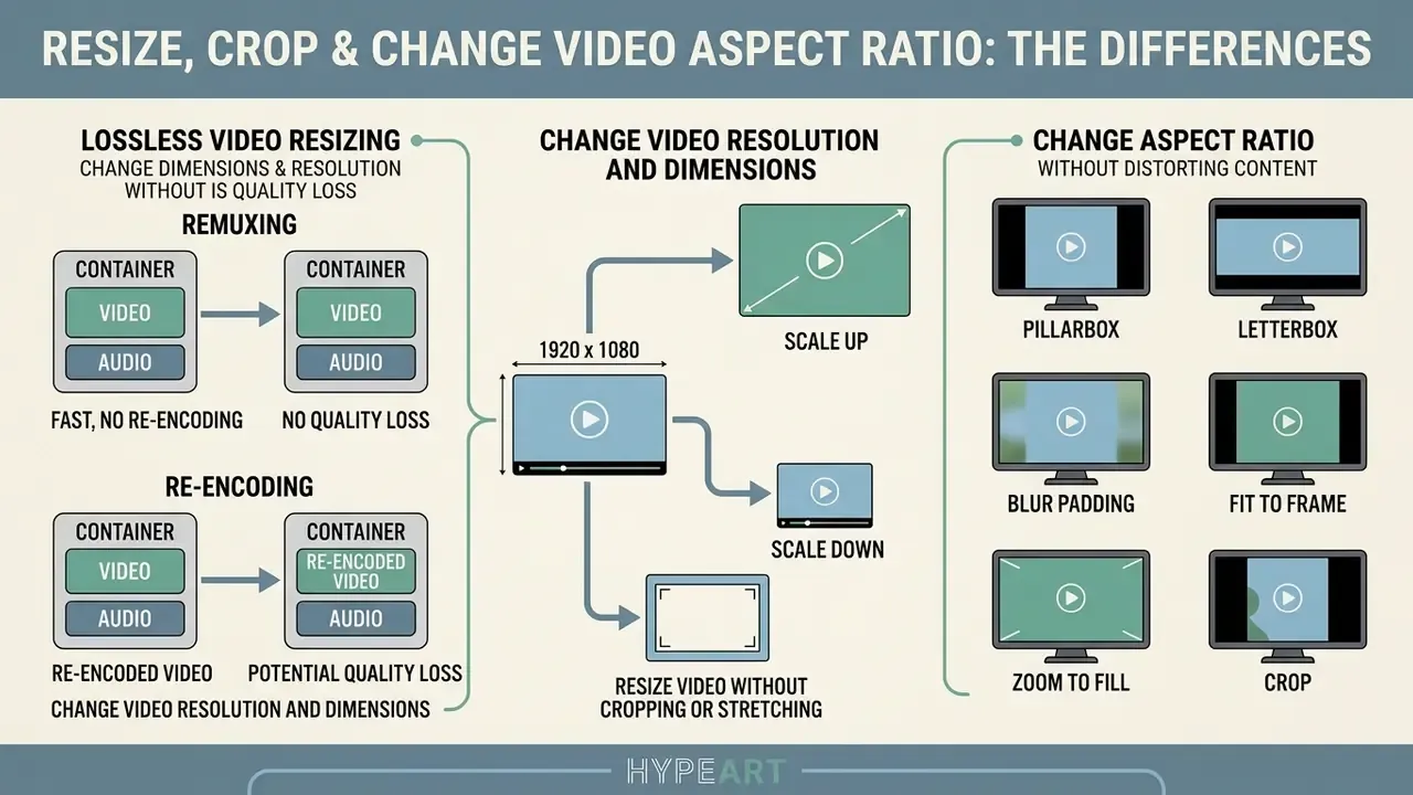 Infographic comparing remuxing, re-encoding, scaling, and aspect ratio adjustments for video files