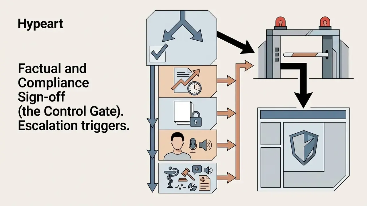 Icons representing compliance risks routing through a security gate to a final verification dashboard