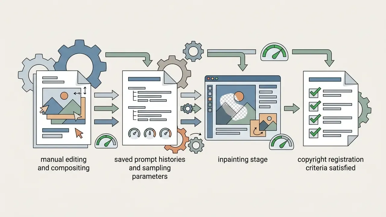 Series of icons showing manual editing, prompt history, inpainting, and copyright registration steps