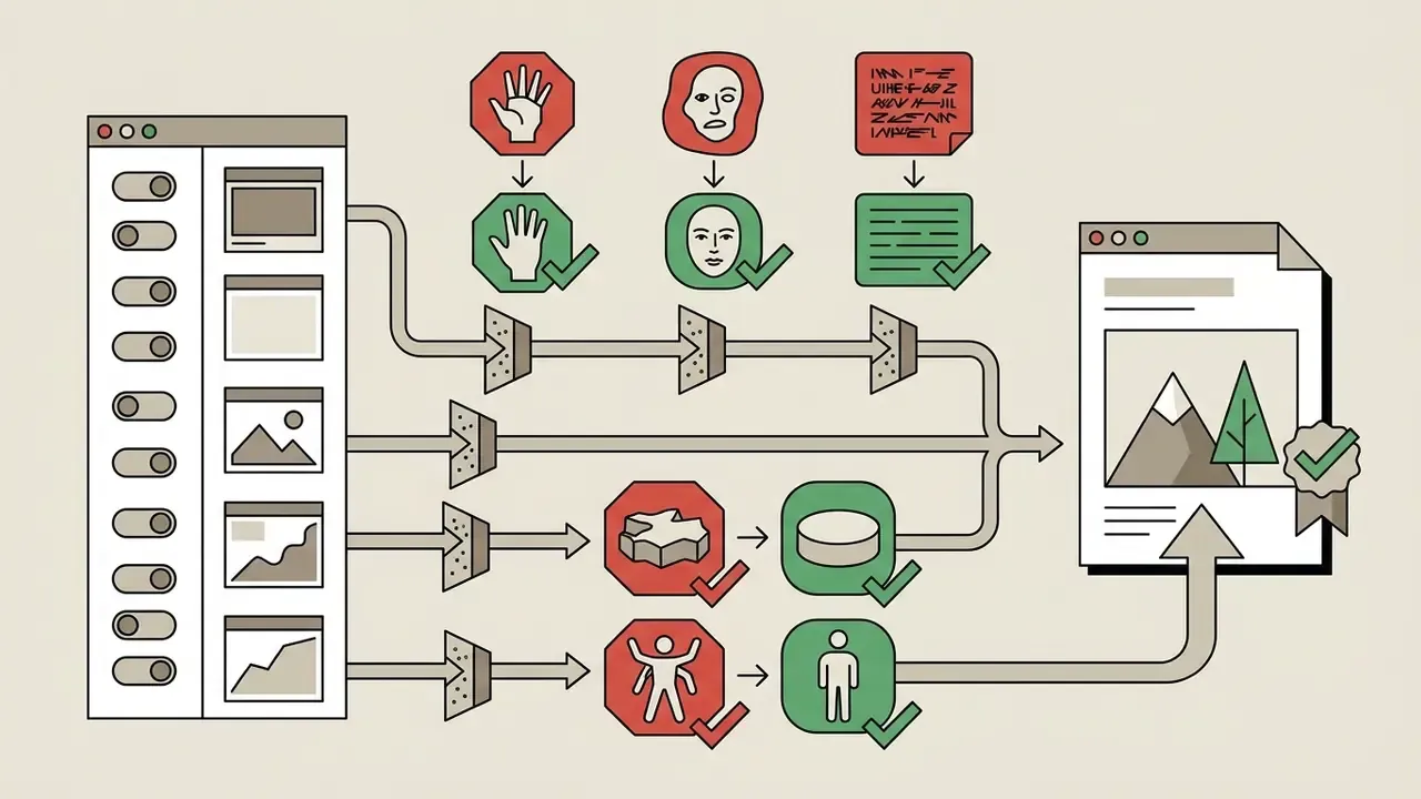 Diagram showing a multi-stage filtering process that corrects anatomical, facial, and textual errors