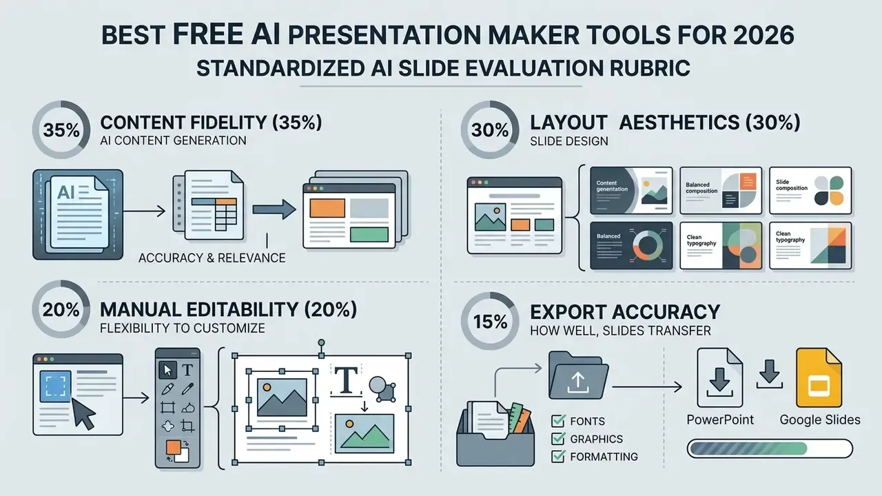 Infographic showing weighted evaluation criteria for a best free AI presentation maker