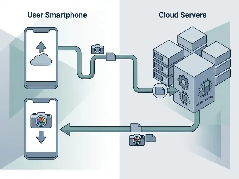 Schematic showing smartphone photo upload to cloud servers for remote processing and download