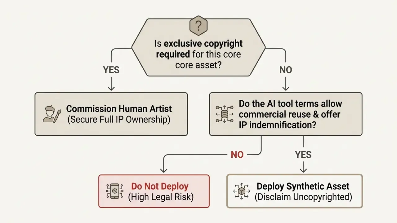 Decision tree outlining the legal considerations and steps for choosing between human or AI art