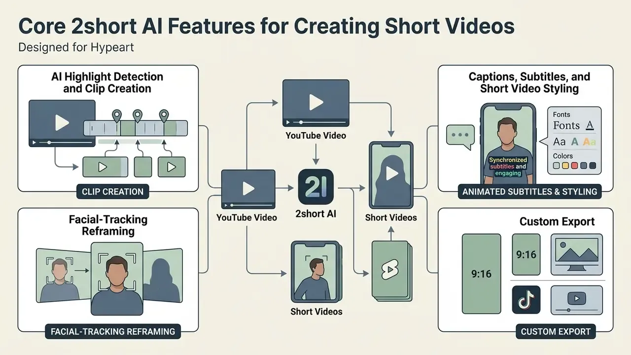 Infographic showing automated tools for highlight detection, facial tracking, captions, and custom exports