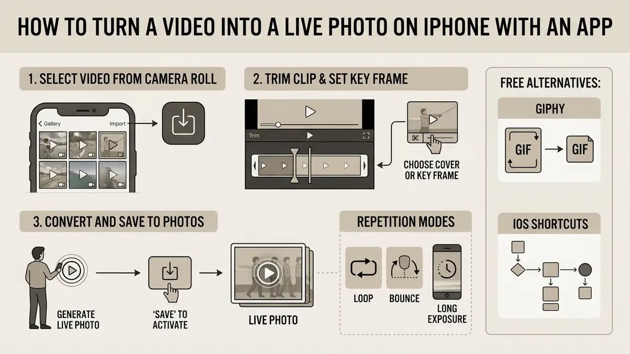 Infographic showing steps to select, trim, and convert video clips into Live Photos on an iPhone