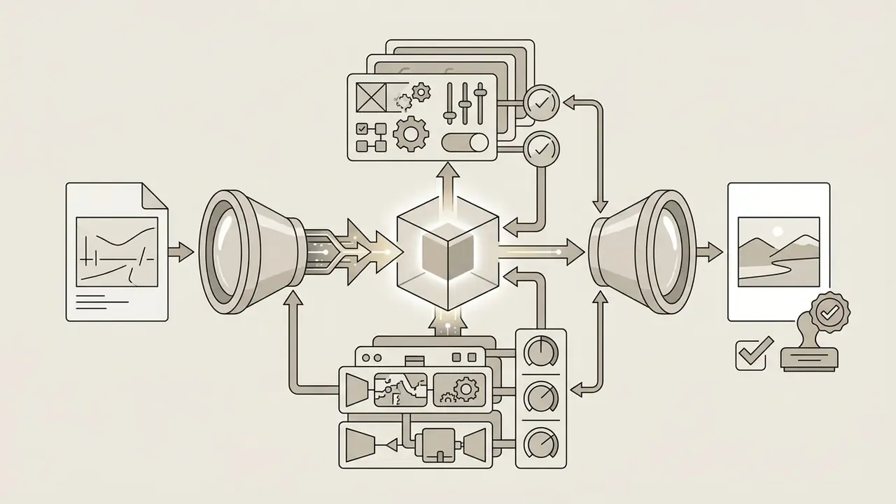 Diagram showing a photo being encoded into latent space, modified by controllers, and decoded into a landscape