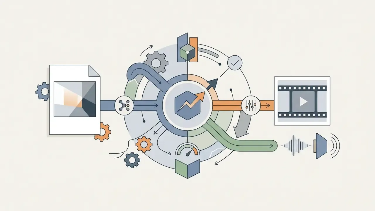 Central hub connecting document inputs to video and audio outputs through gear and control icons