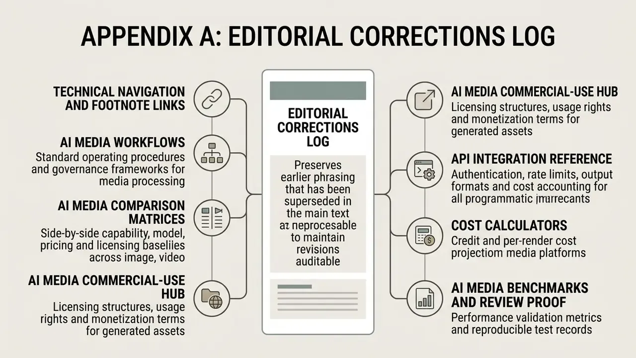Central document icon surrounded by eight nodes detailing editorial logging and AI media workflows