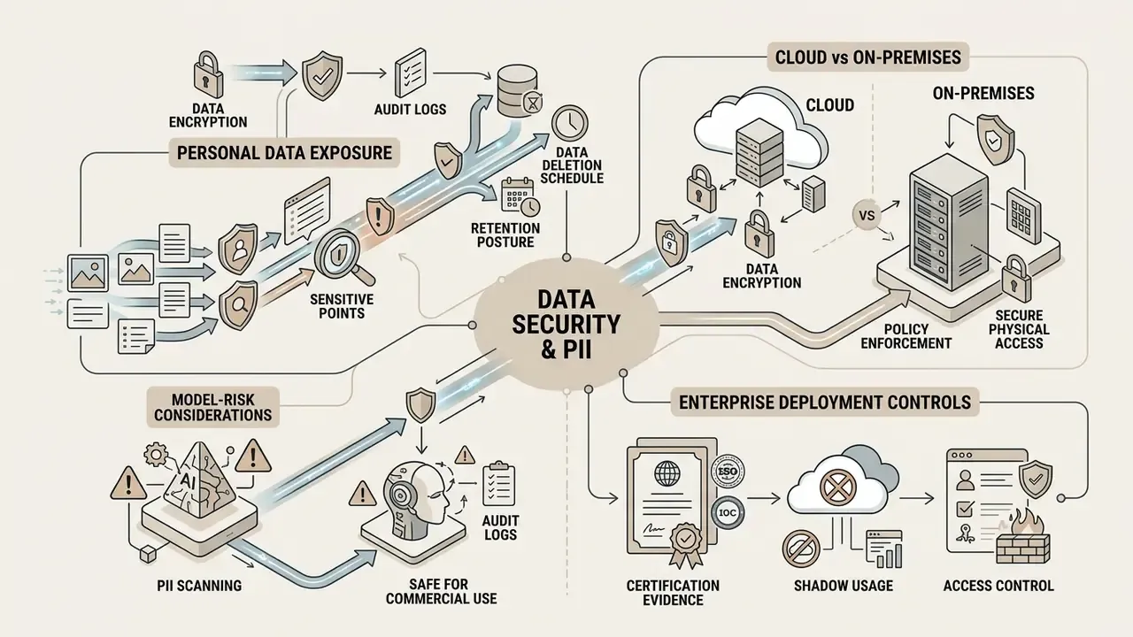 Diagram mapping data protection, cloud versus on-premises infrastructure, and enterprise risk controls