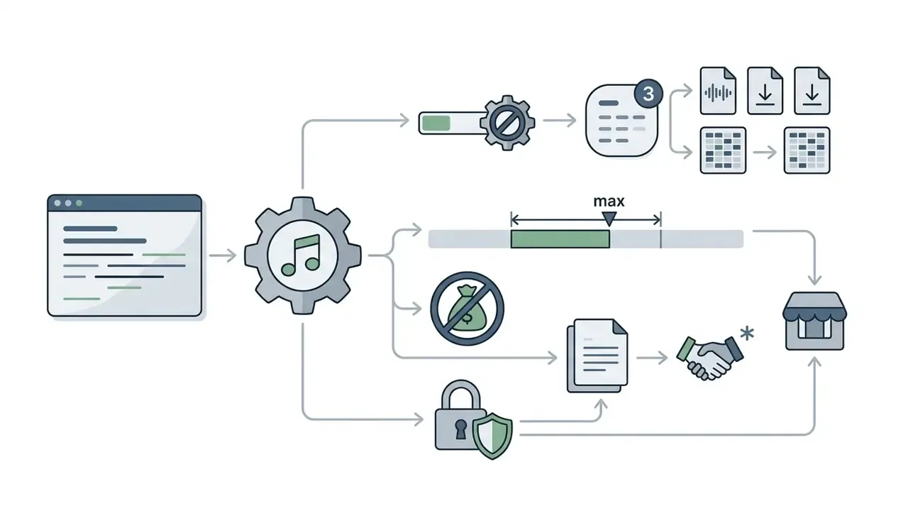 Flowchart showing usage limits, non-commercial restrictions, and credit requirements for an AI song creator