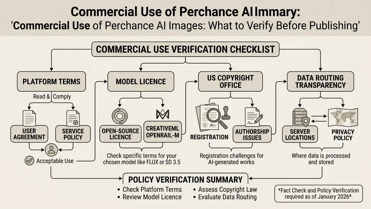 Checklist diagram detailing four key areas for verifying the commercial use of generated digital assets