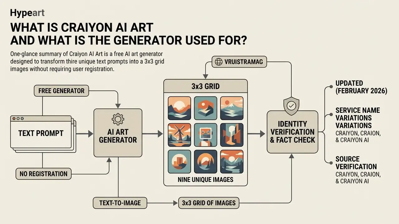 Flowchart showing how Craiyon AI art converts text prompts into a 3x3 grid of nine unique images