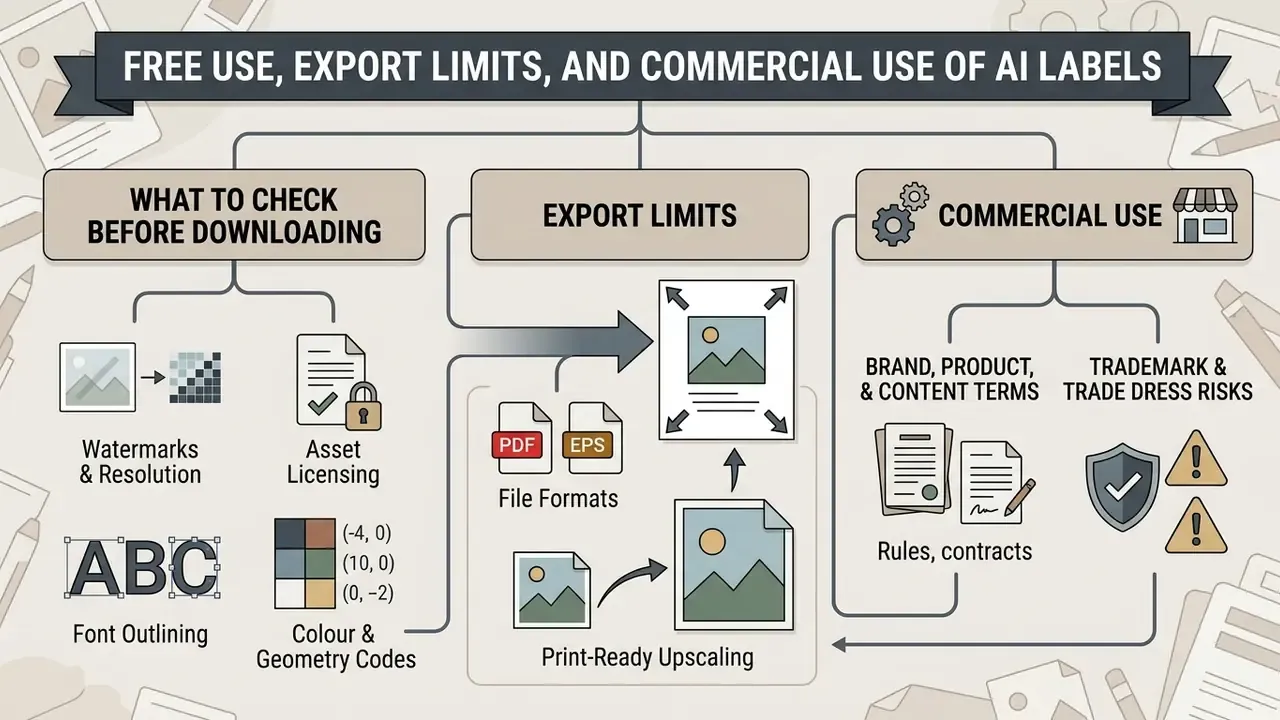 Flowchart outlining considerations for downloading, exporting, and using product labels commercially