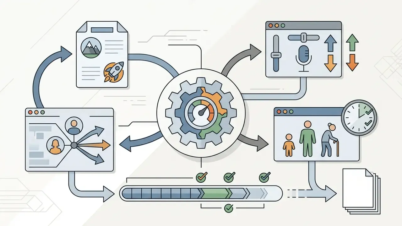 Central gear mechanism connecting windows for narrative tone, character branching, and audience age settings