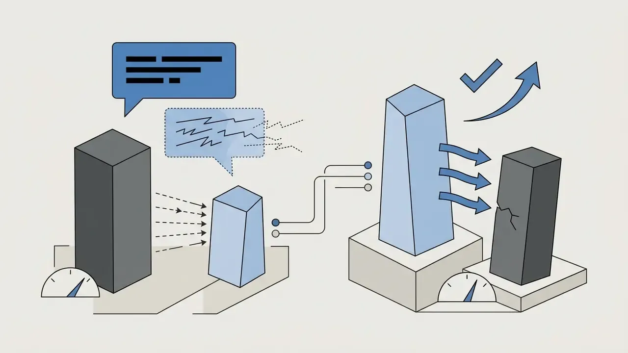 Geometric blocks representing speakers with speech bubbles and gauges showing shifting power dynamics
