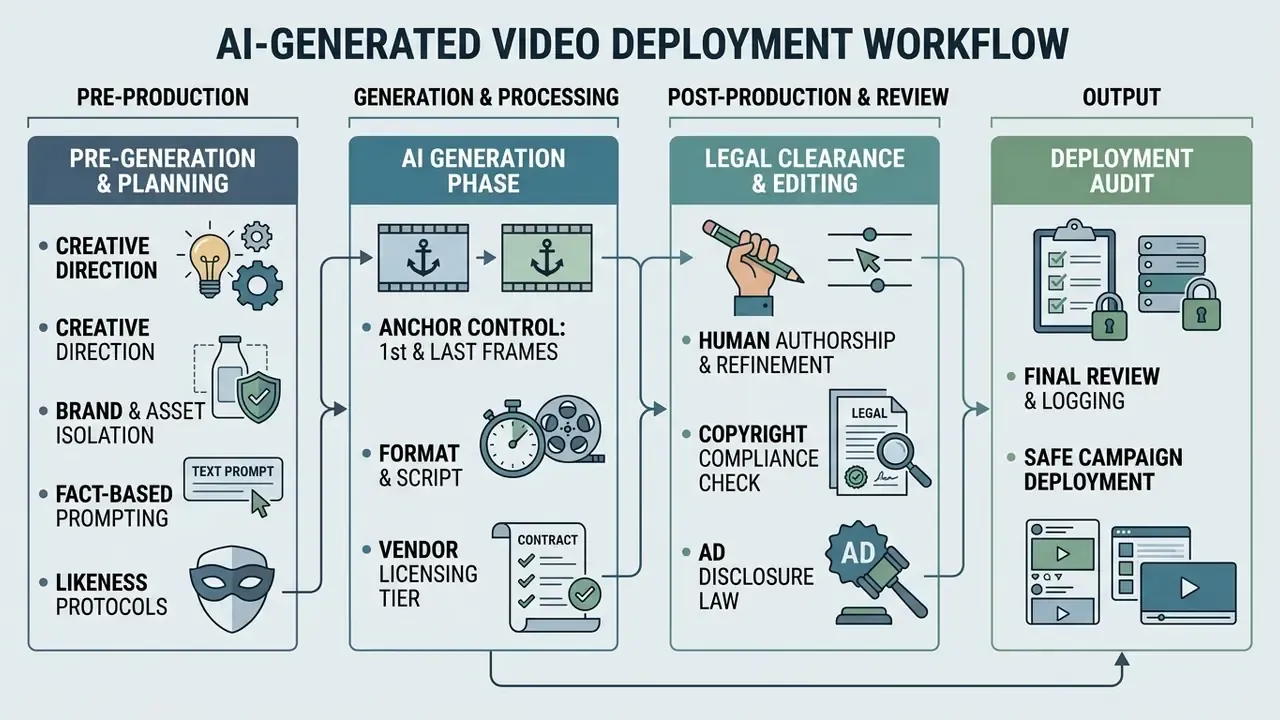 Four-stage process flow showing steps for pre-production, generation, legal review, and final deployment