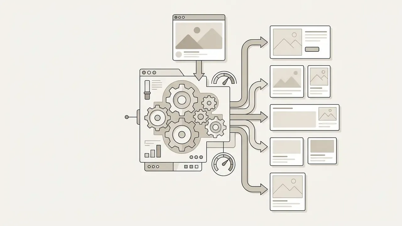 Central gear mechanism processing a source image into various advertising formats and size variants
