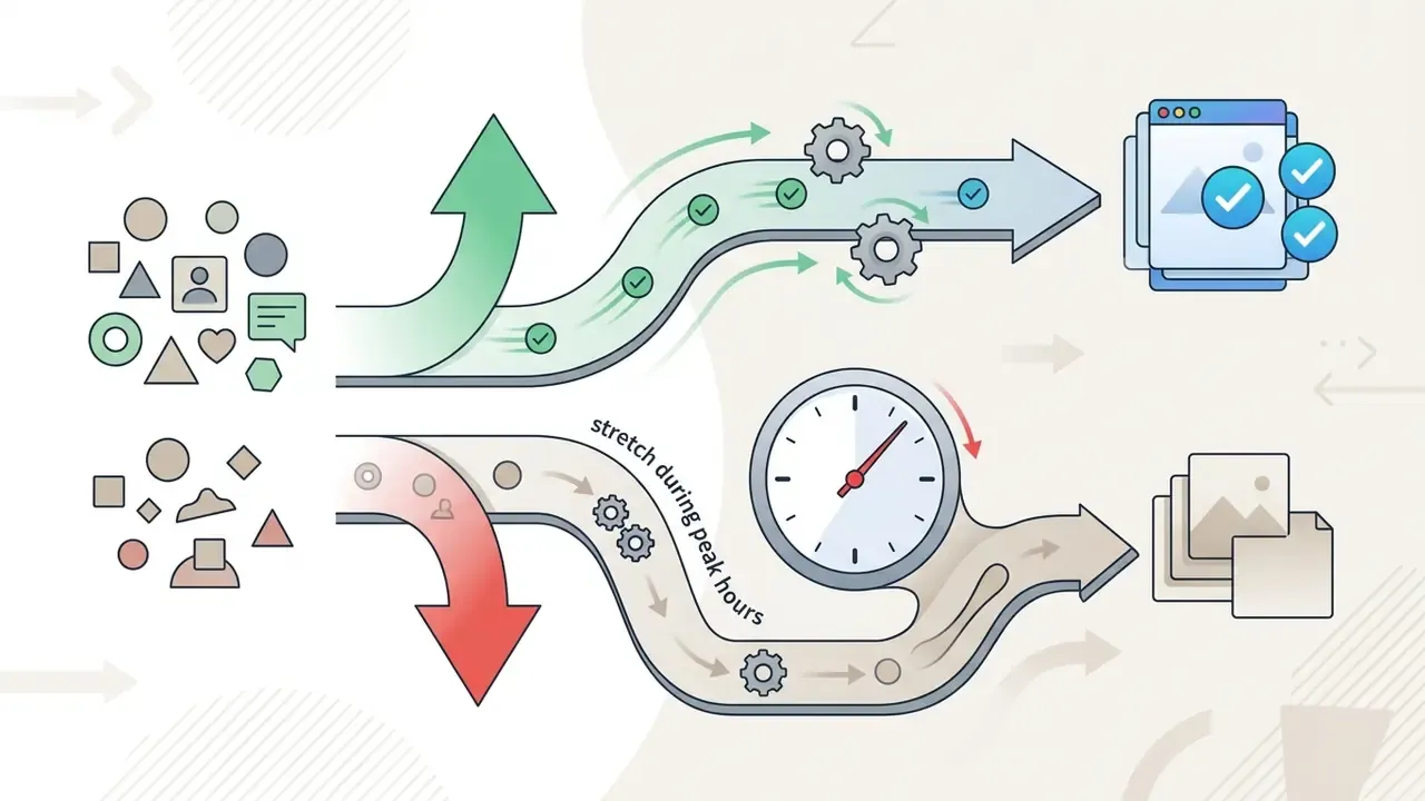 Inputs flowing into two paths where one is delayed by a clock icon representing longer processing times