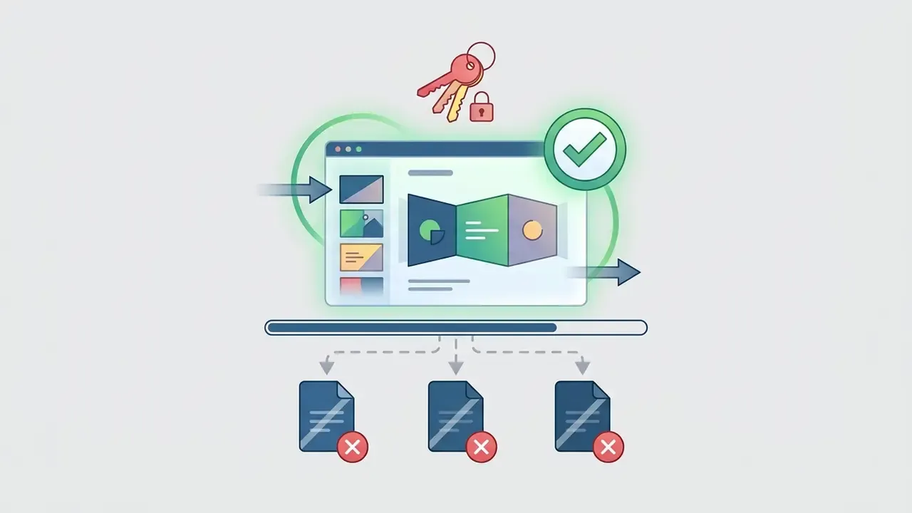 Web interface processing slide designs into restricted file formats marked with red cross icons
