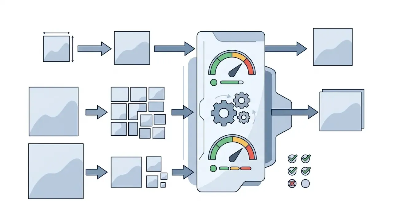 Processing steps for resizing and tiling images before entering a central engine with performance gauges