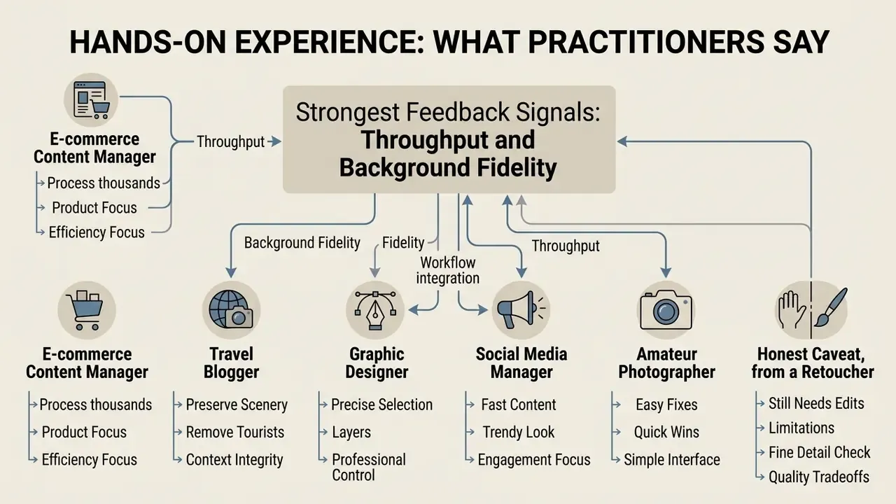 Infographic showing practitioner feedback categories linked to throughput and background fidelity