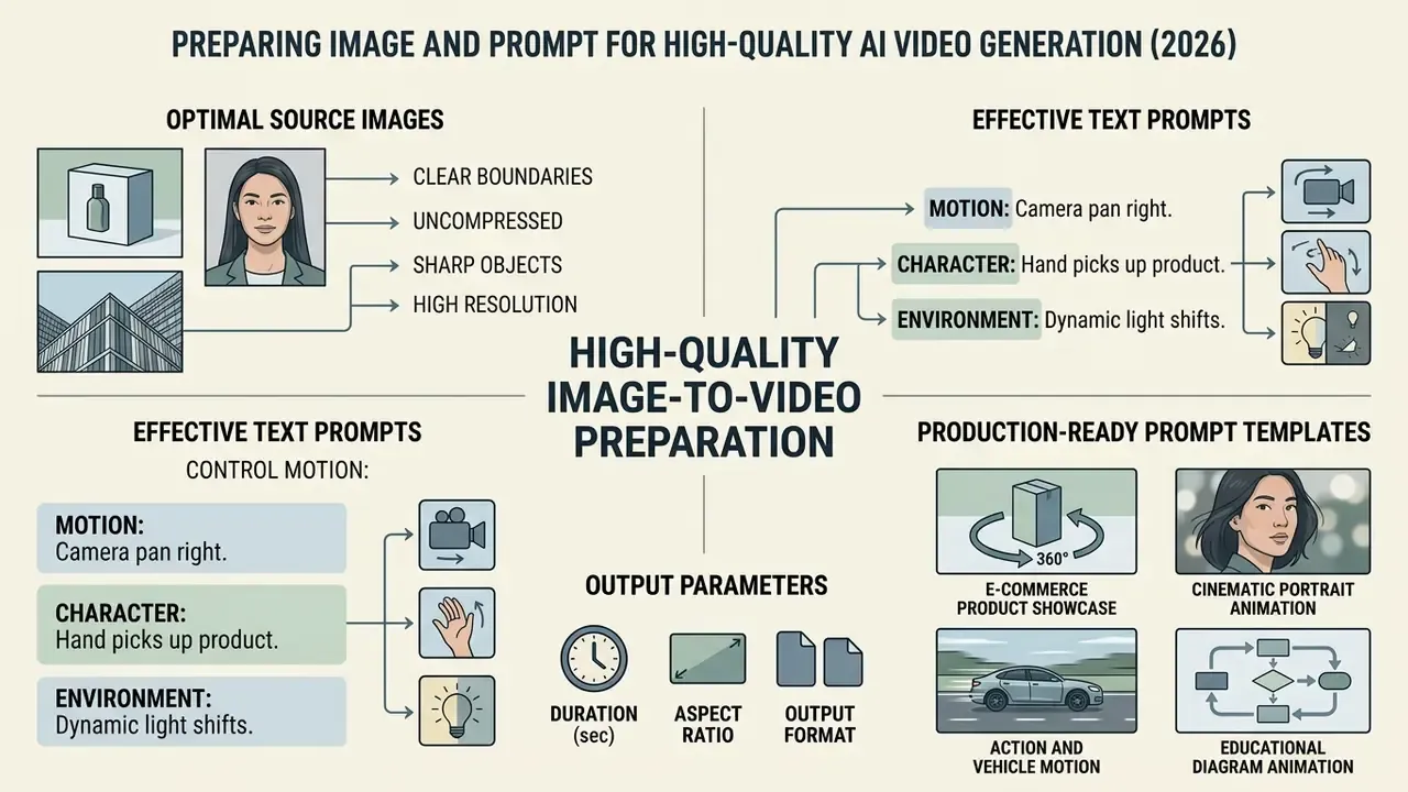 Infographic detailing source image requirements, prompt structures, and output settings for AI video