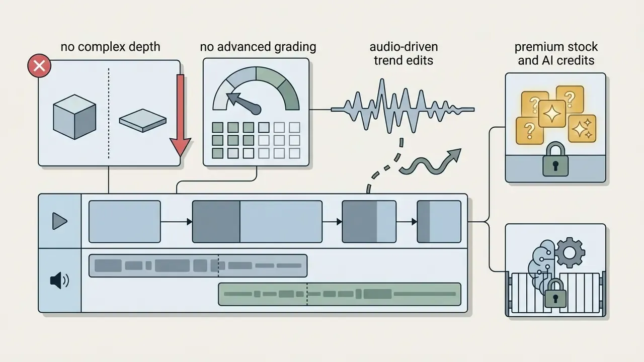 Limitations in video editing depth, color grading, audio sync, and locked premium assets
