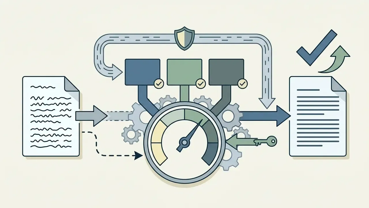 Draft document flowing through a gear mechanism and gauge to produce a refined and validated report