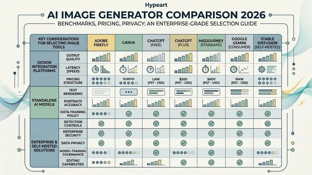 Data table evaluating generative platforms across metrics like output quality, pricing, and data privacy