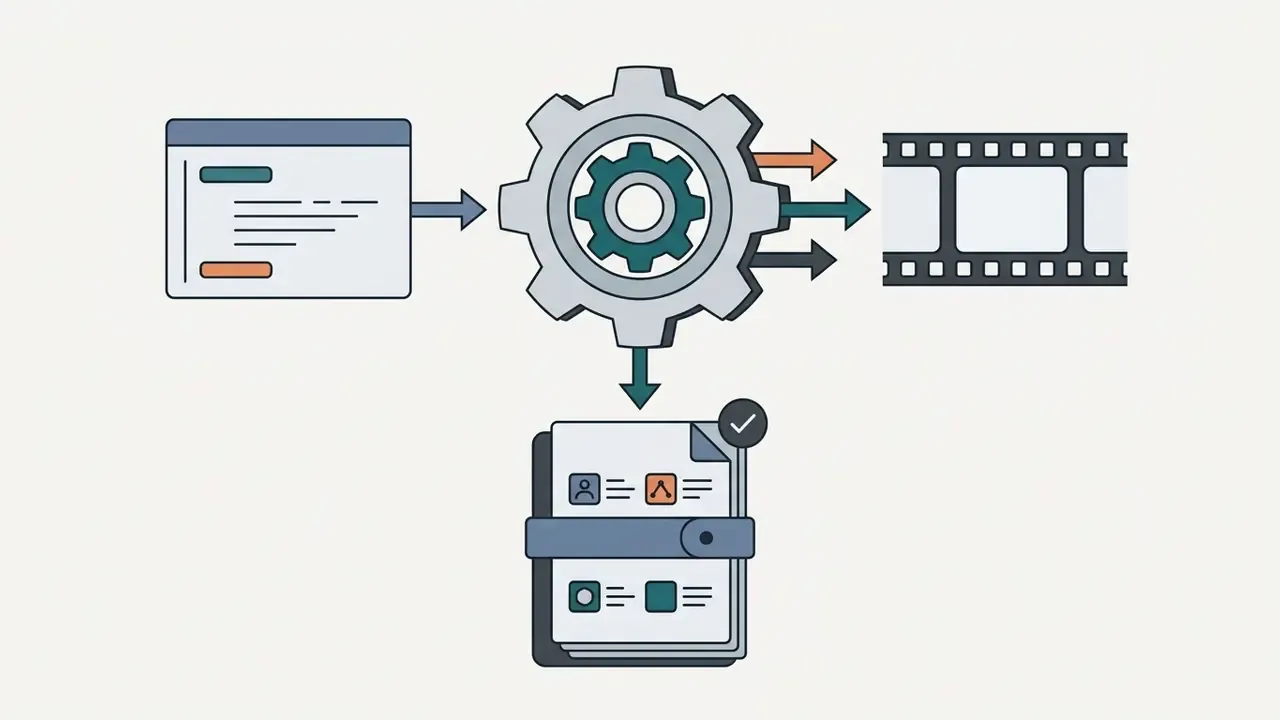 Central gear mechanism processing text prompts into video clips and logged documentation files