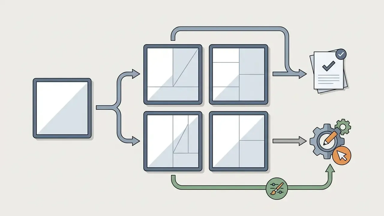 Four image variants branching from a single source toward download or editing tools