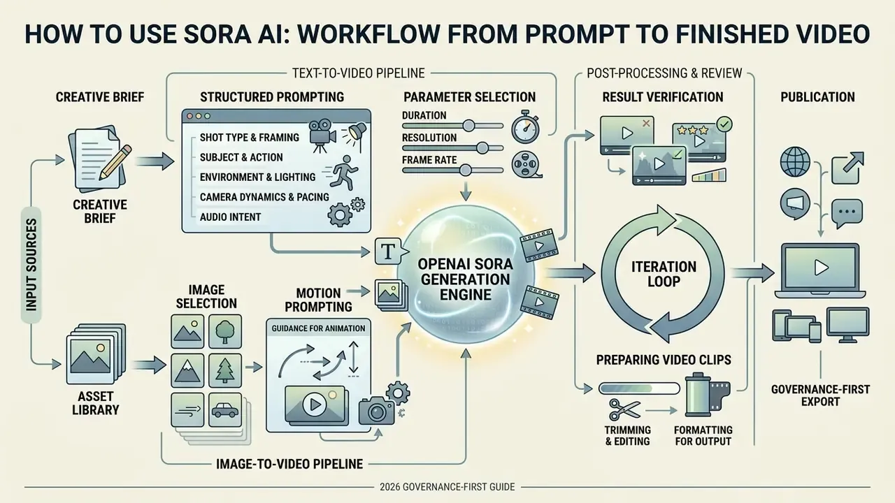 Pipeline showing creative brief, prompting, generation, and iteration steps for the OpenAI Sora model