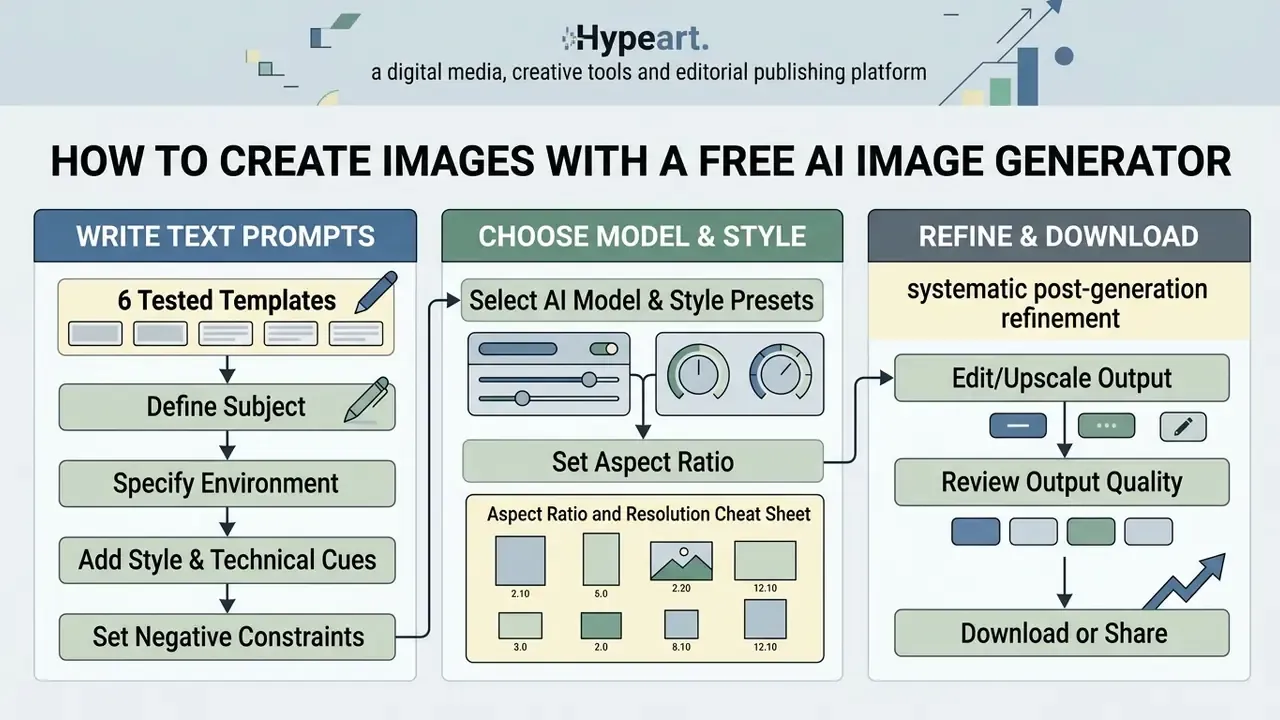 Three-step workflow for using a free AI image generator to write prompts, select styles, and refine output