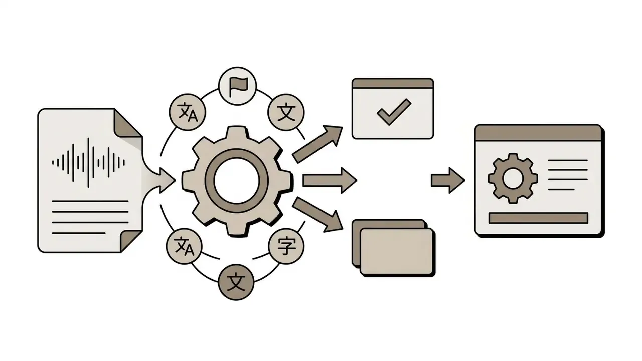 Audio file processing through a gear mechanism to generate multilingual captions and subtitle files