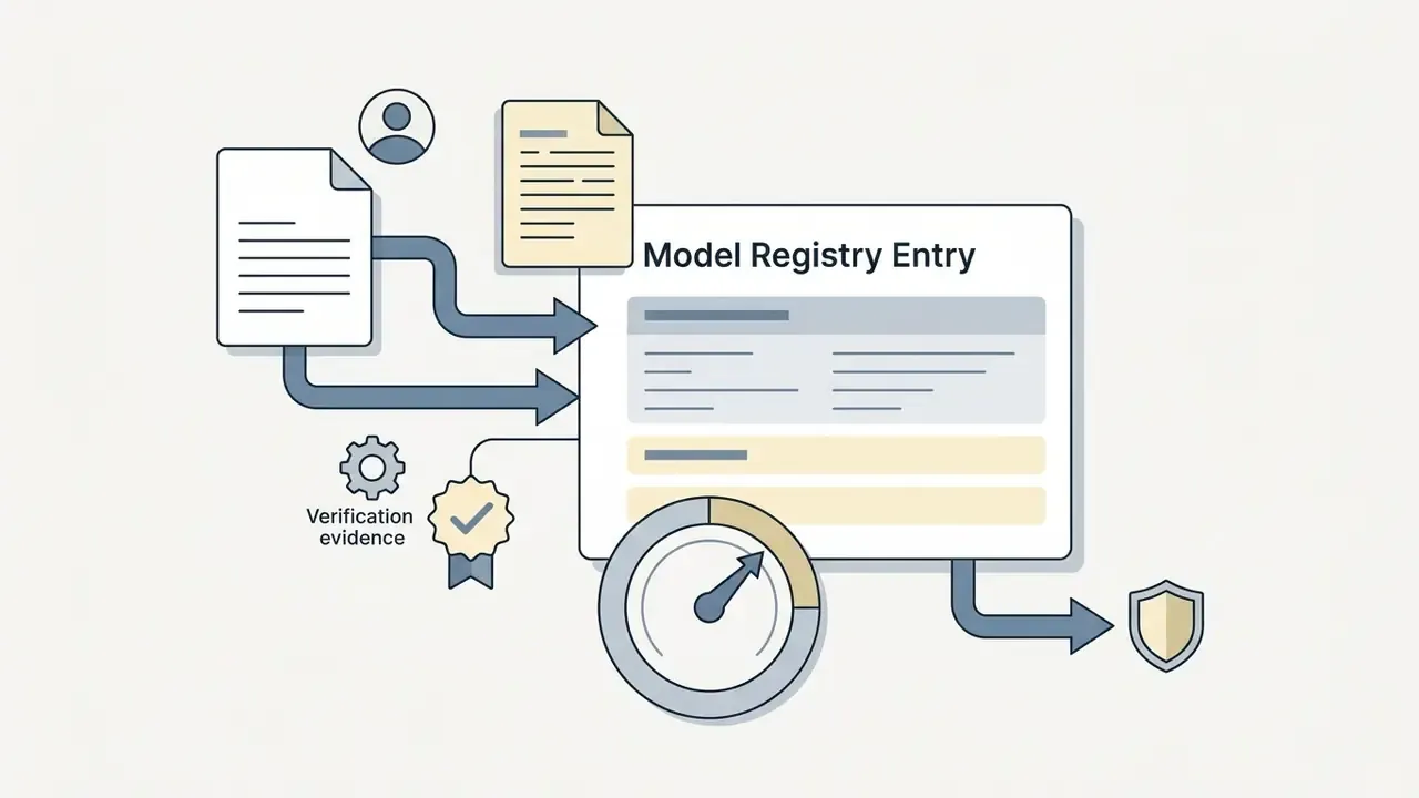 Documents and verification icons feeding into a central registry entry with a status gauge and shield