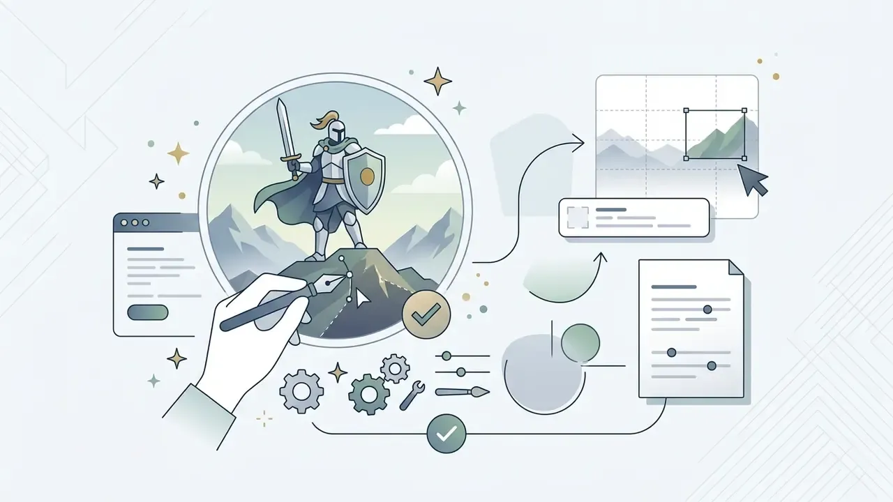 Hand using a pen tool to edit a knight illustration within a circular frame connected to design settings