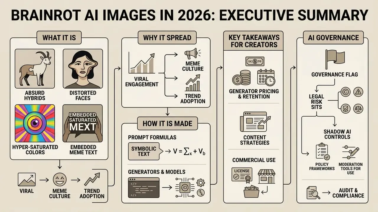 Infographic flowchart outlining the characteristics, creation process, and governance of brainrot AI images