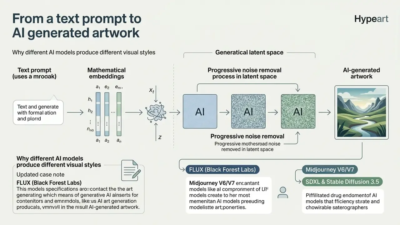 Diagram showing how generative AI models transform text prompts into images through noise removal in latent space