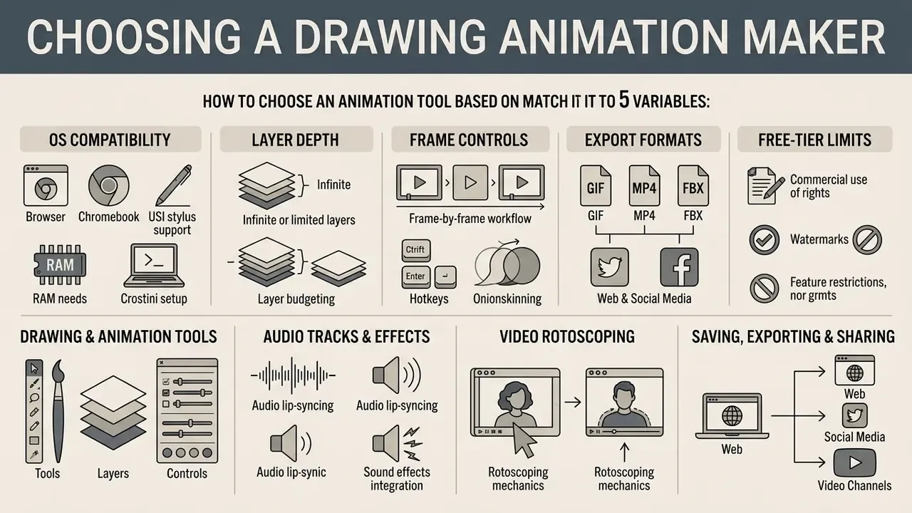 Infographic detailing five key variables for selecting a drawing animation maker and software features