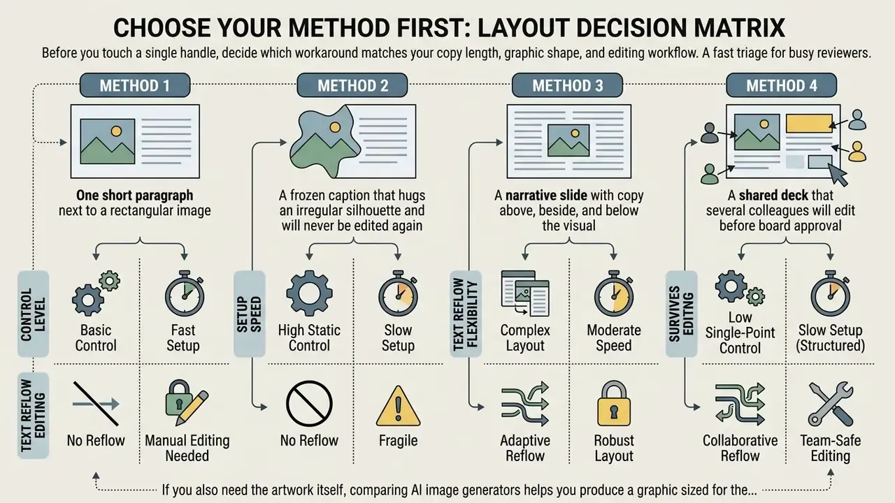 Decision matrix comparing four layout methods for text and image alignment based on workflow needs